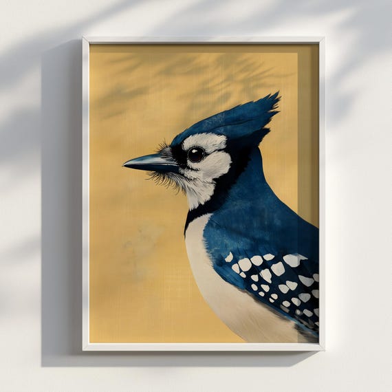 Skycry Ukiyoe Blue Jay Portrait Japanese Ink Bird Art Bold Songbird Print Vibrant Animal Decor Wall