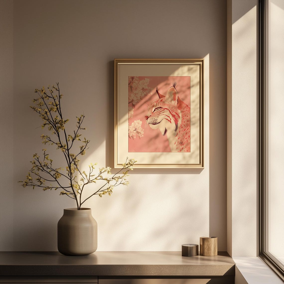Elegant Pink Lynx Profile Cherry Blossom Floral Wild Cat Art Poster - Image 3