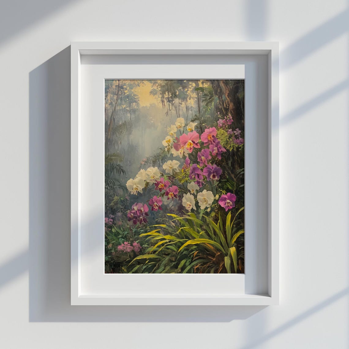 Beautiful Tropical Orchids Blooming in a Misty Jungle Poster