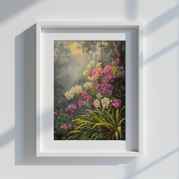 Orchid Reverie Tropical Jungle Art Elegant Floral Painting Instant Rustic Botanical Wall Decor
