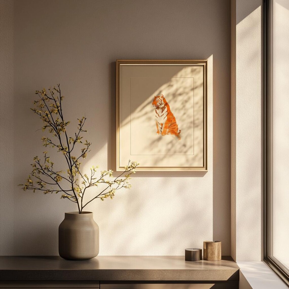 Sitting Tiger Japanese Sumi E Ink Orange Minimalist Art Poster - Image 3