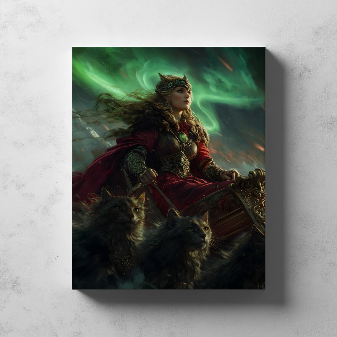 Freyja Norse Goddess Cat Chariot Aurora Night Fantasy Art Poster - Image 4