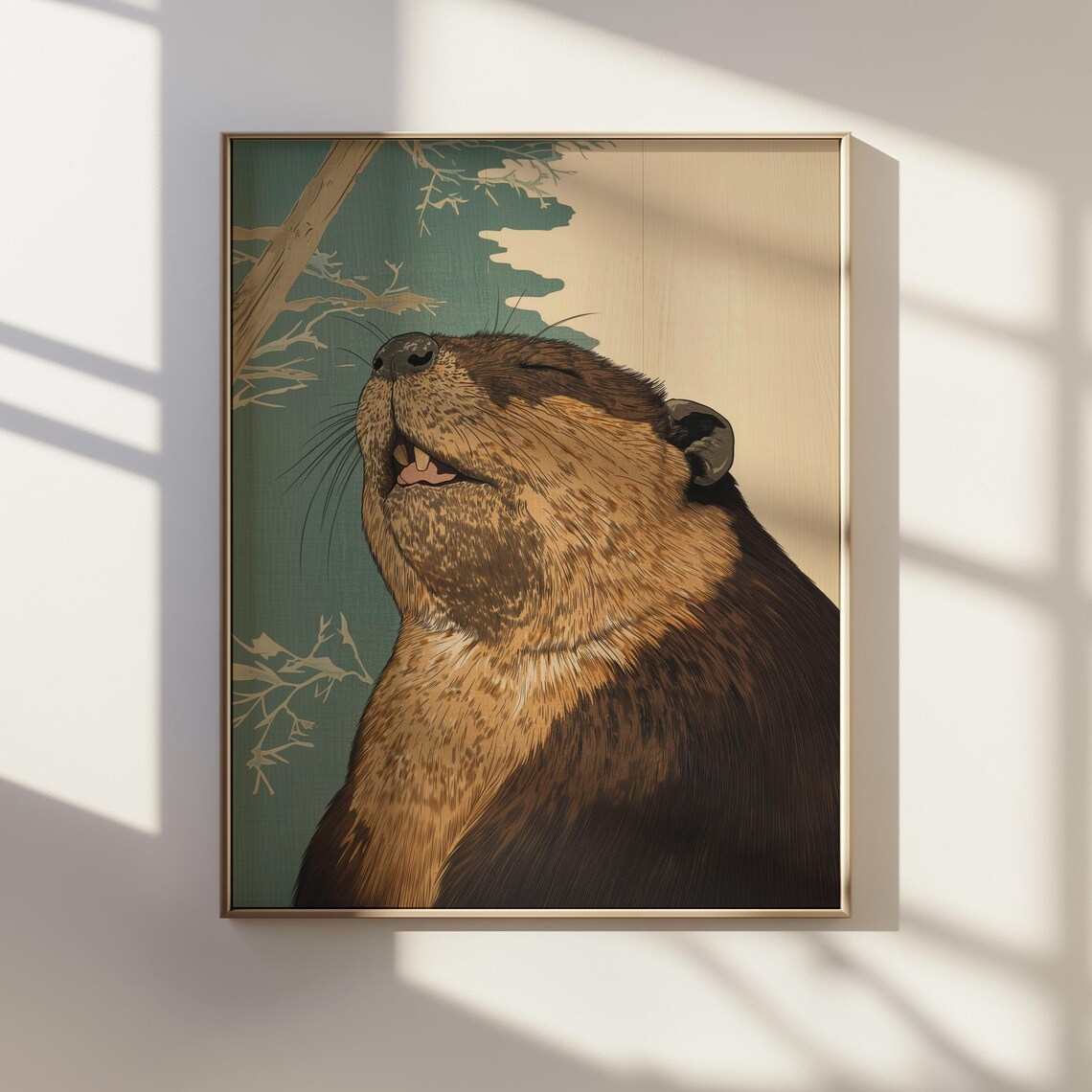 Happy Blissful Beaver Ukiyoe Style Japanese Wildlife Art Poster