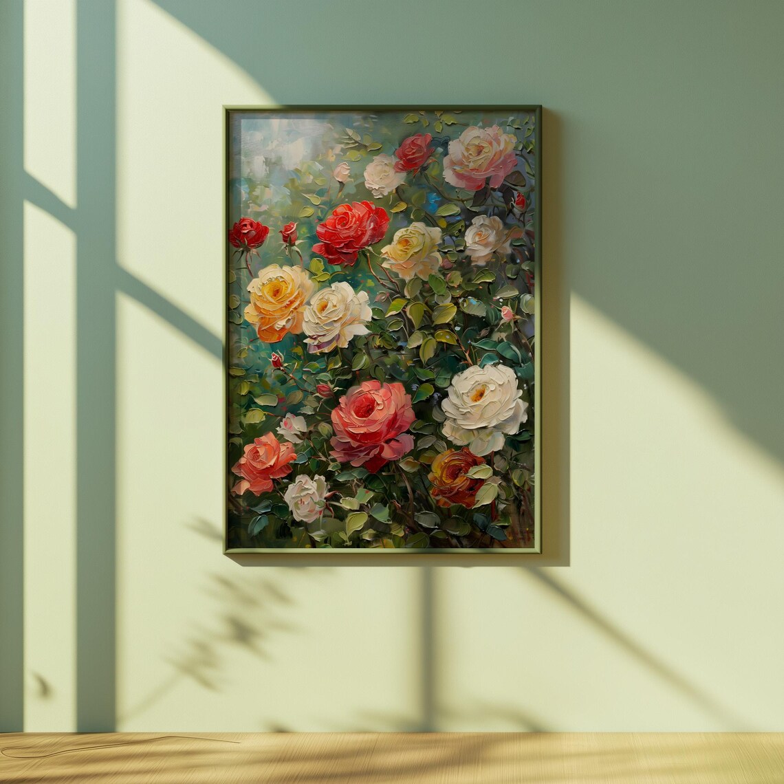 Blooming Rose Garden in Red and Pink Impasto Oil Painting Poster