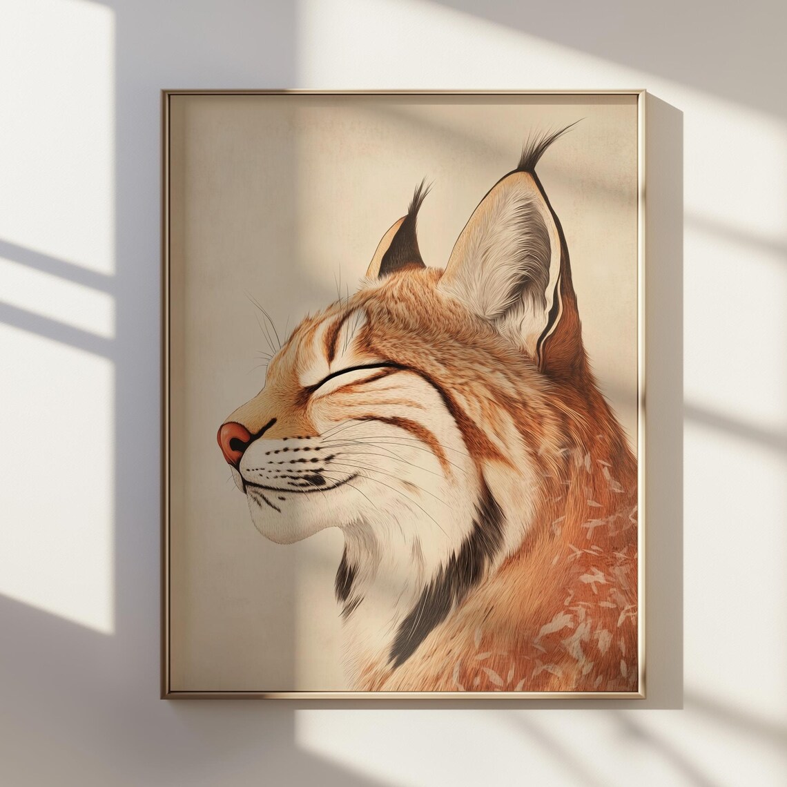 Serene Lynx Portrait Eyes Closed Warm Watercolor Wildlife Poster