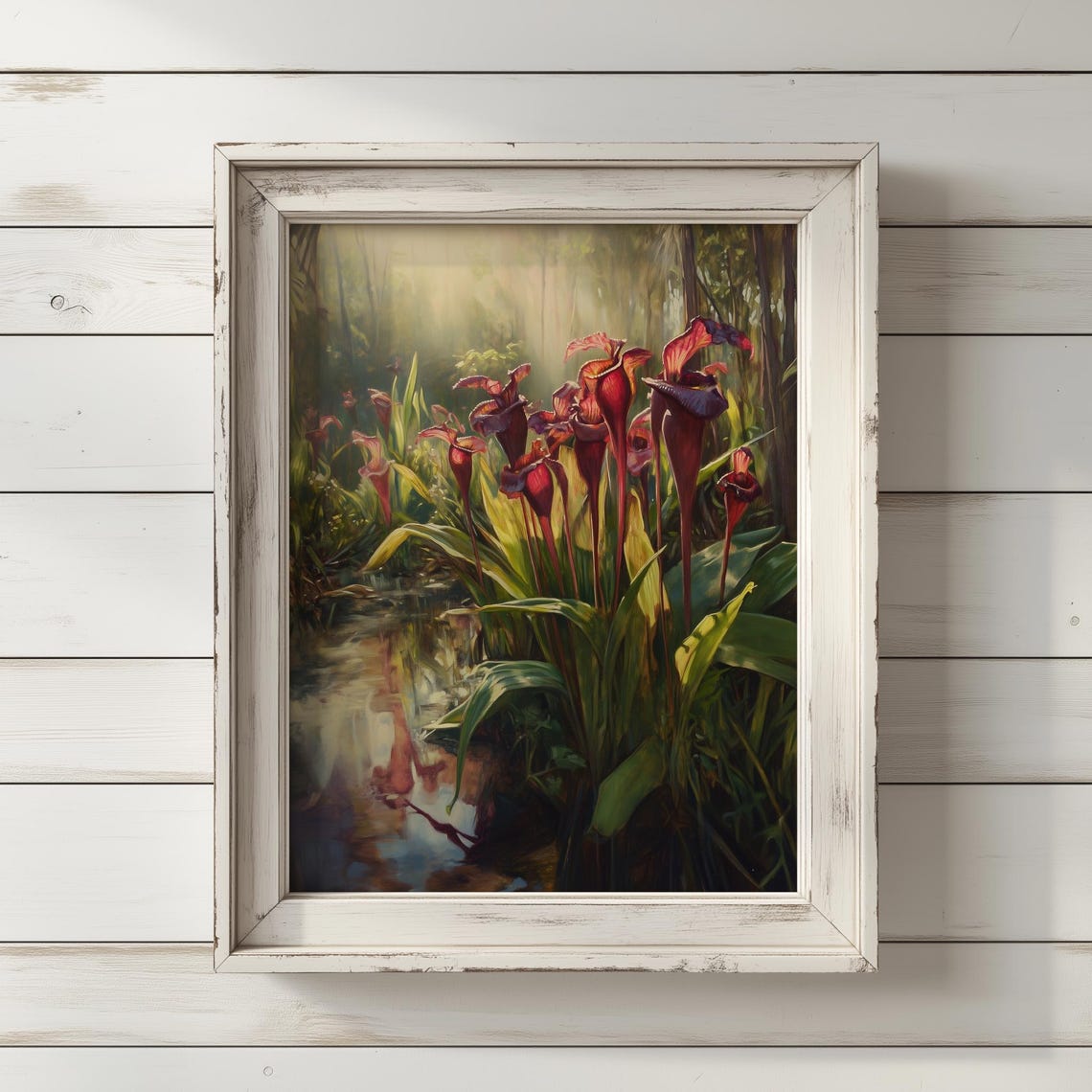Elegant Crimson Pitcher Plants Sunlit Wetland Botanical Poster