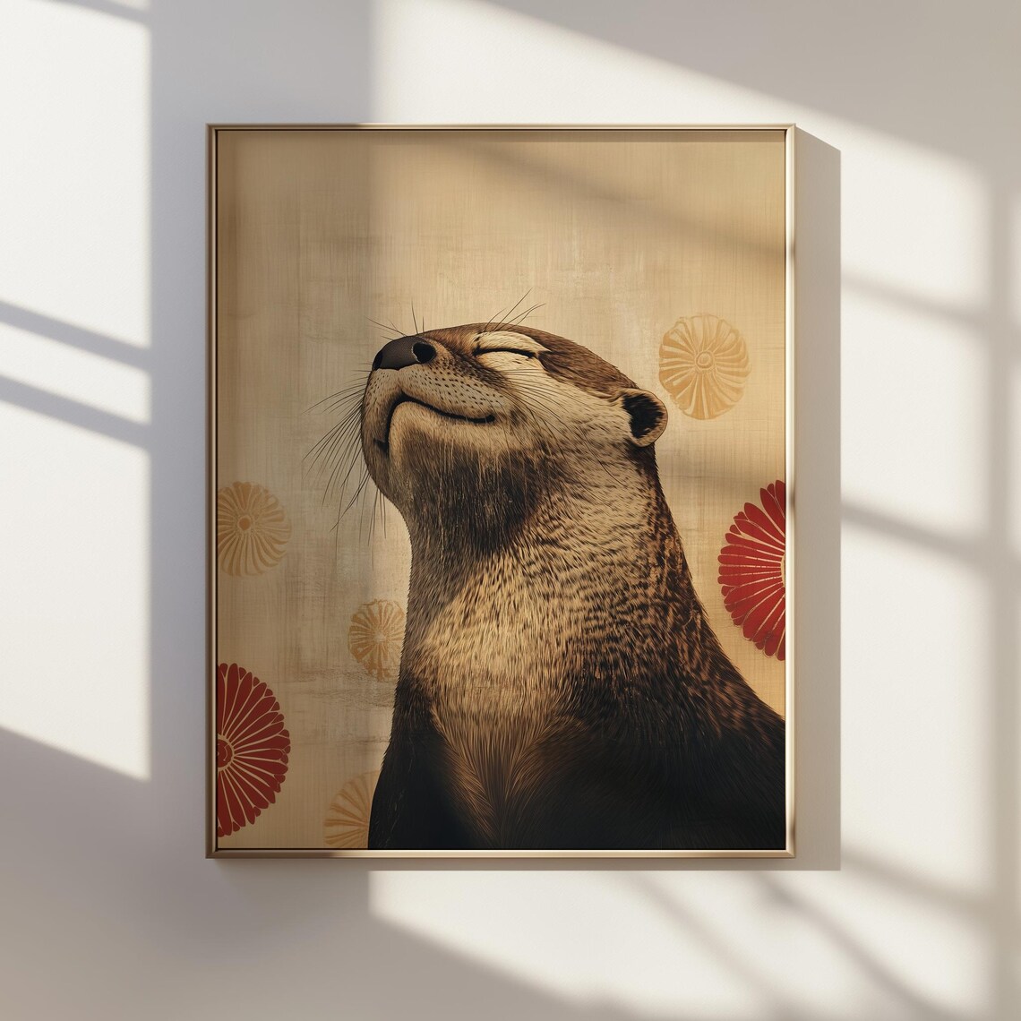 Smiling Sea Otter Japanese Ukiyoe Ink Art Portrait Animal Poster