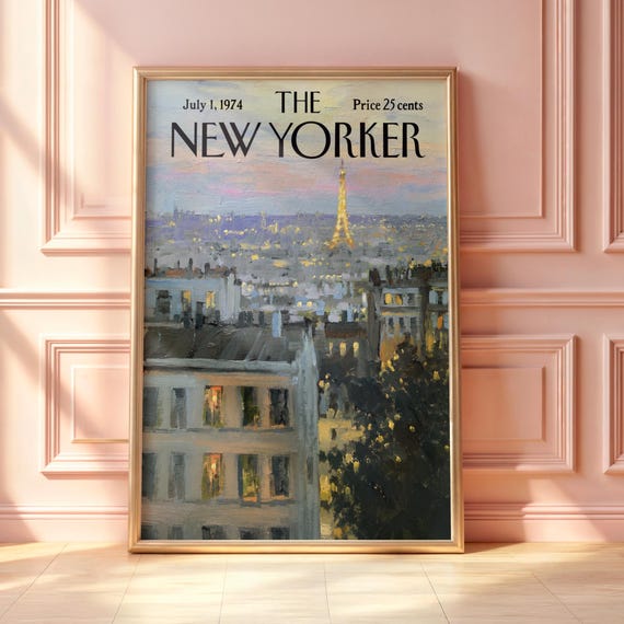 Vintage New Yorker Poster Retro Paris Eiffel Tower Rooftop Night Skyline Print Montmartre Dusk Oil Painting Wall Art Midcentury Magazine