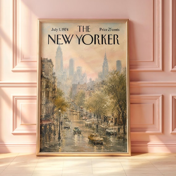 The New Yorker July 1974 Rainy New York Street Yellow Taxi Vintage Poster