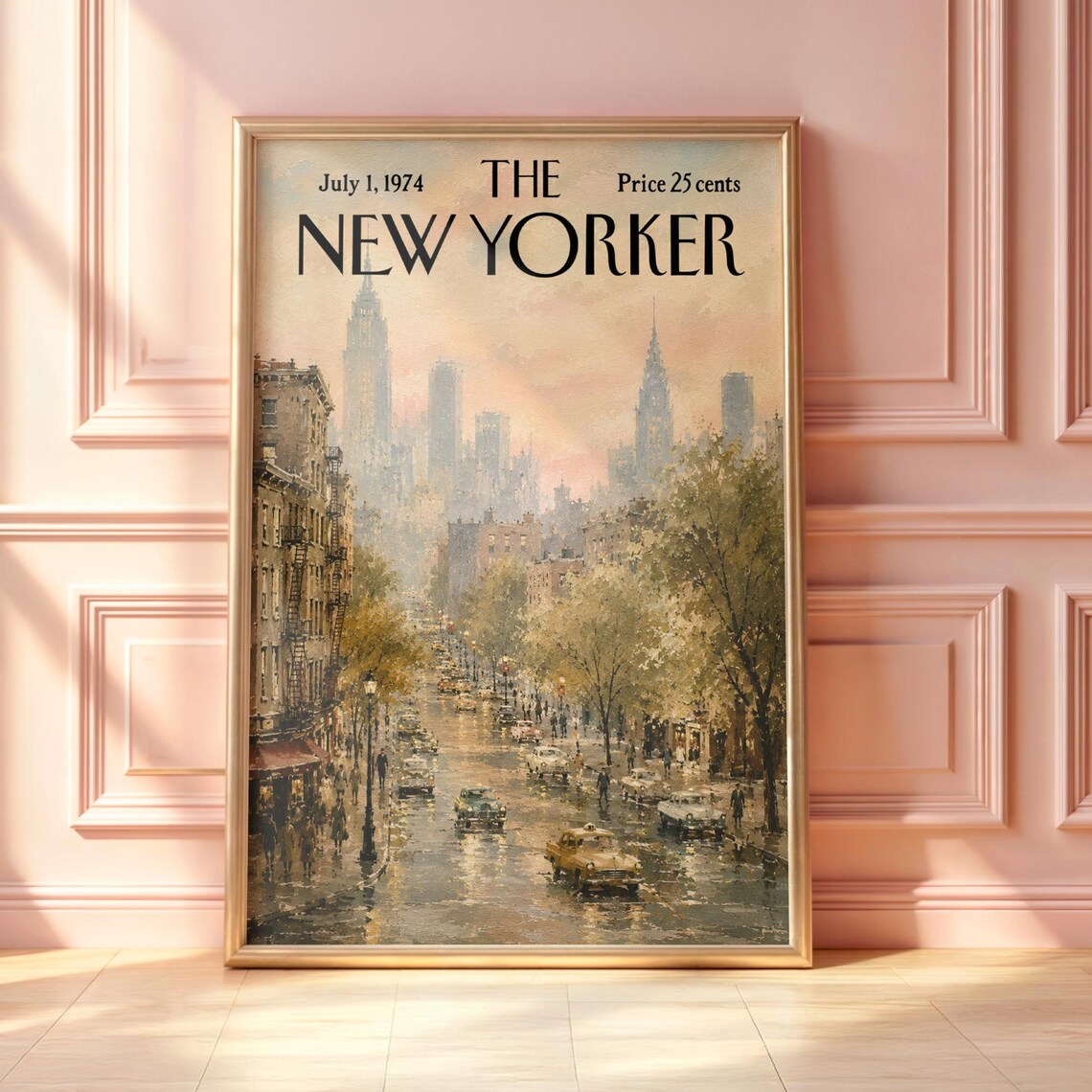The New Yorker July 1974 Rainy New York Street Yellow Taxi Vintage Poster