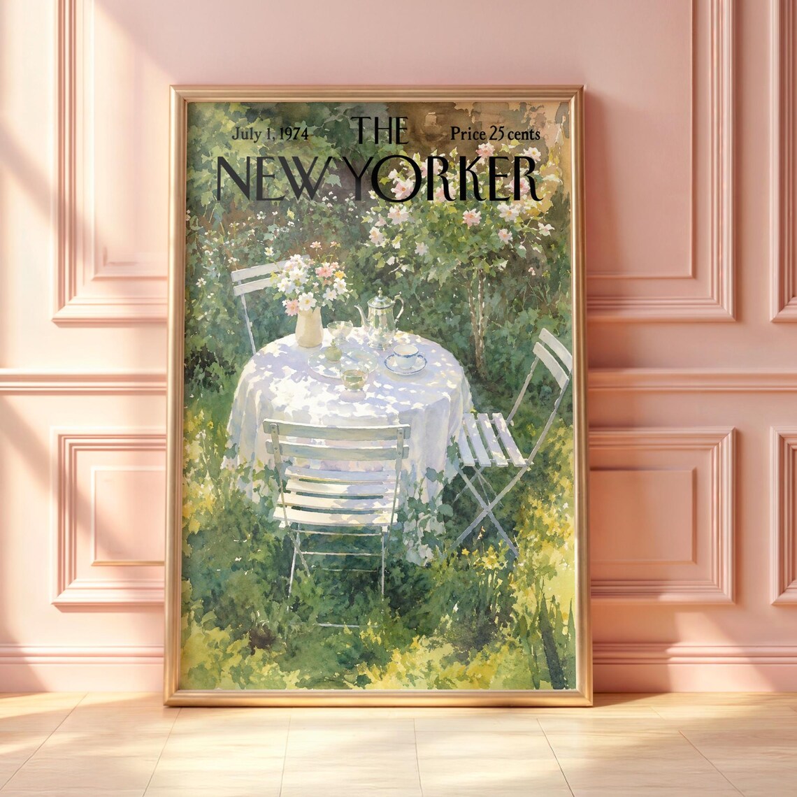 The New Yorker July 1 1974 Garden Tea Table Watercolor Art Poster