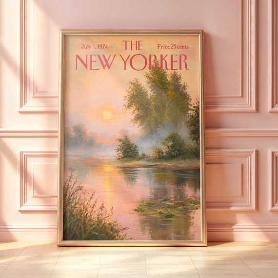 The New Yorker July 1 1974 Misty Lake Sunrise Landscape Art Poster