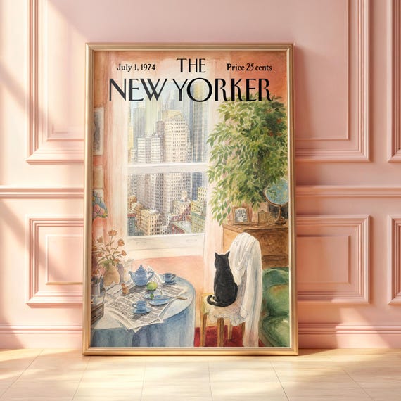 Vintage New Yorker Poster Retro Black Cat Nyc Window Tea Time Morning Print Cozy Apartment Skyline Wall Art Midcentury Magazine Cover