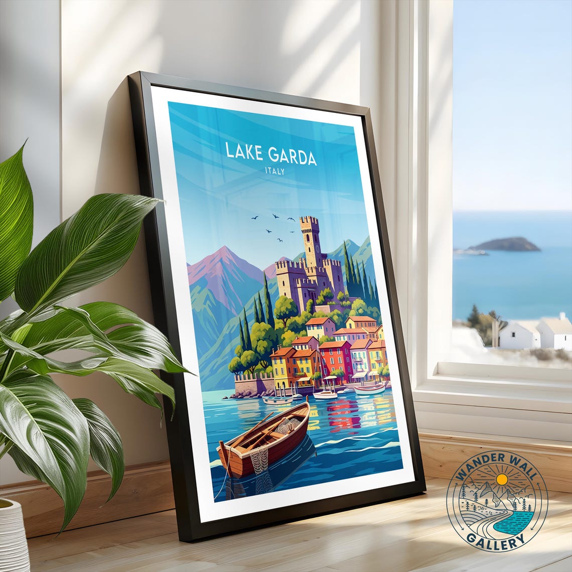 Lake Garda Italy Castle Waterfront Village Retro Travel Poster - Image 2