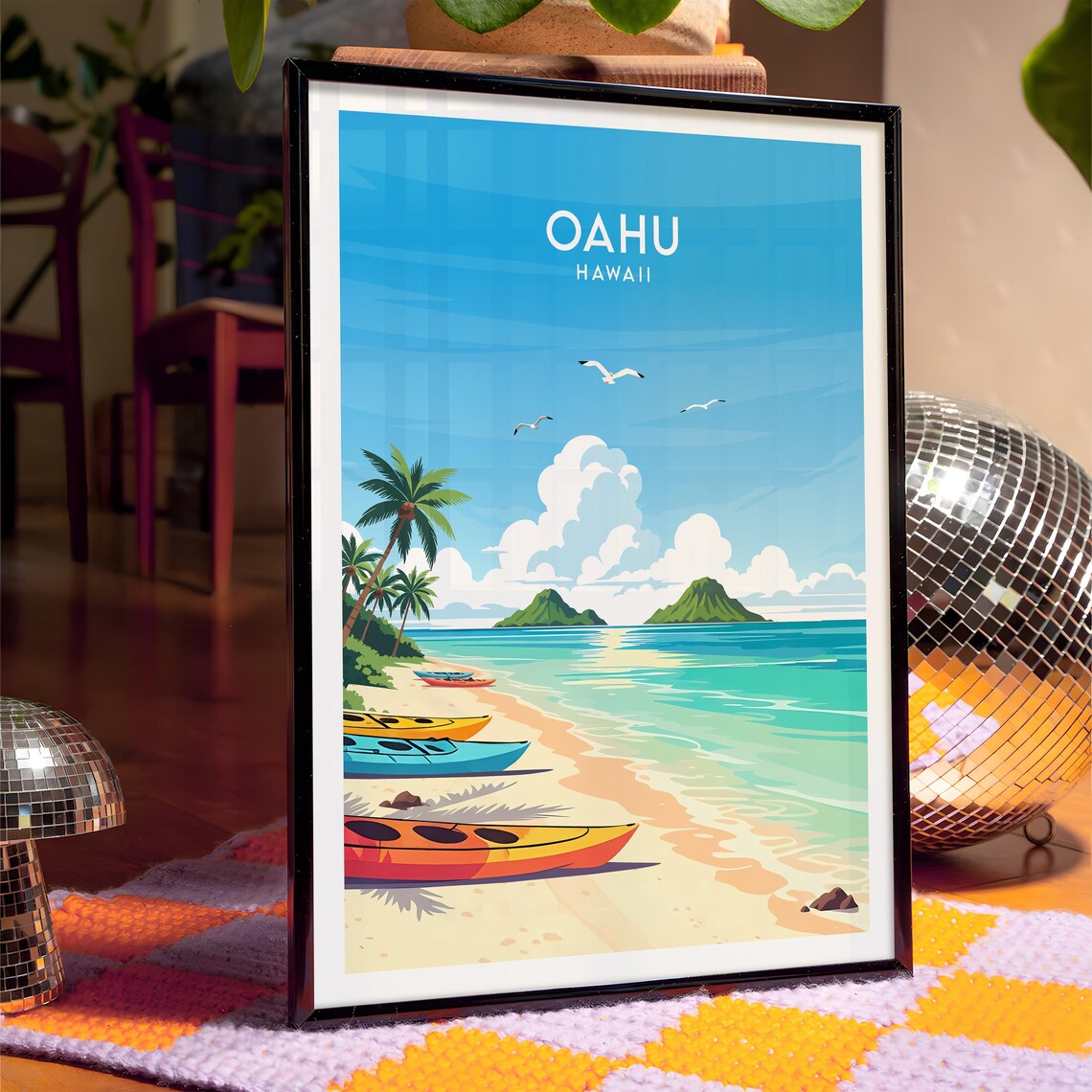 Oahu Hawaii Beach Kayaks Coconut Palms Turquoise Water Poster - Image 4
