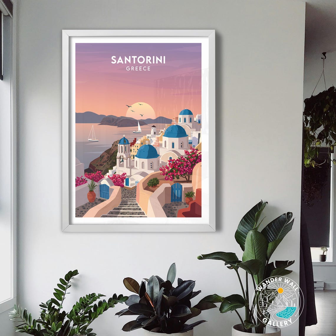 Santorini Greece Blue Domes Bougainvillea Sunset View Poster - Image 3
