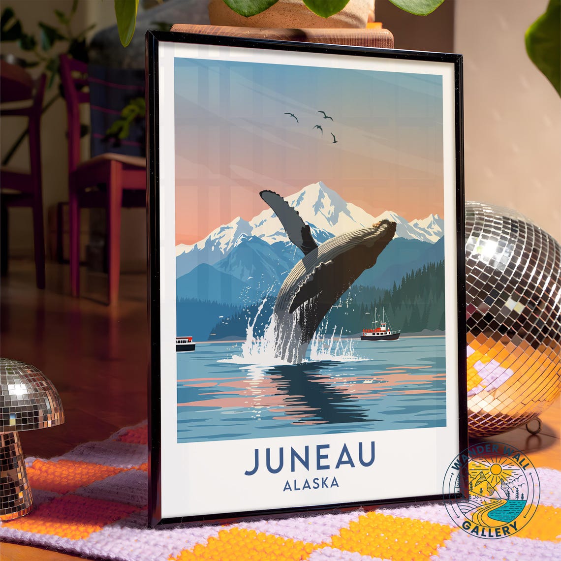Juneau Alaska Breaching Humpback Whale Mountain Harbor Travel Poster - Image 4