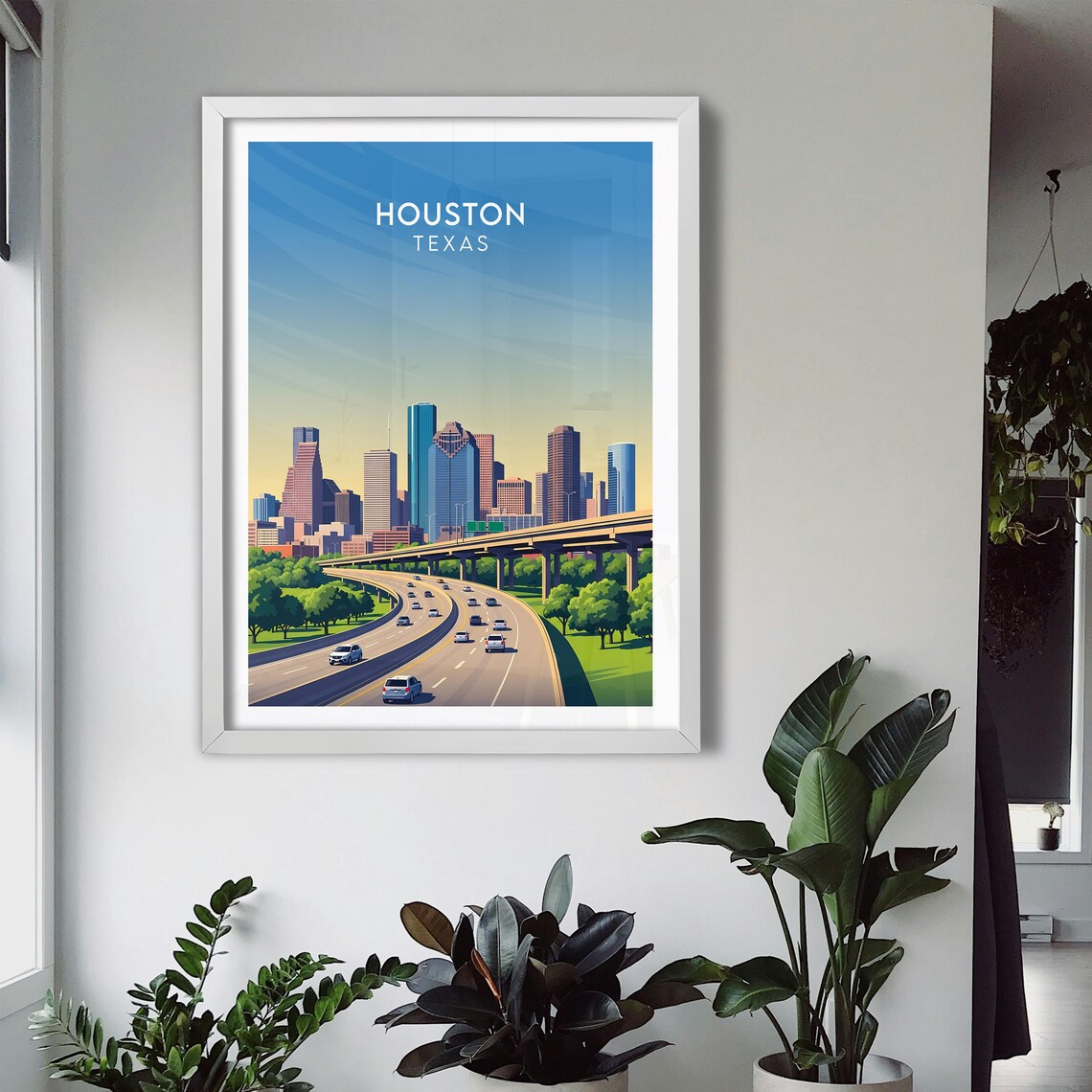 Houston Texas Highway Curves Toward City Towers Green Parkway Poster - Image 3