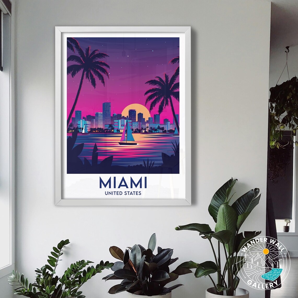 Miami Florida Night Skyline Sailboats Palms Ocean Bay Travel Poster - Image 3