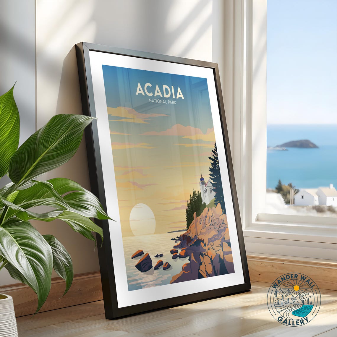 Acadia National Park Lighthouse Sunset Coast Retro Travel Poster - Image 2