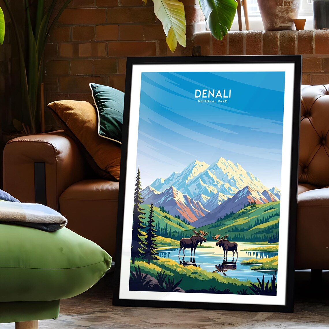 Denali Alaska Bull Moose Pair Wading in Alpine Lake Wildlife Poster - Image 6