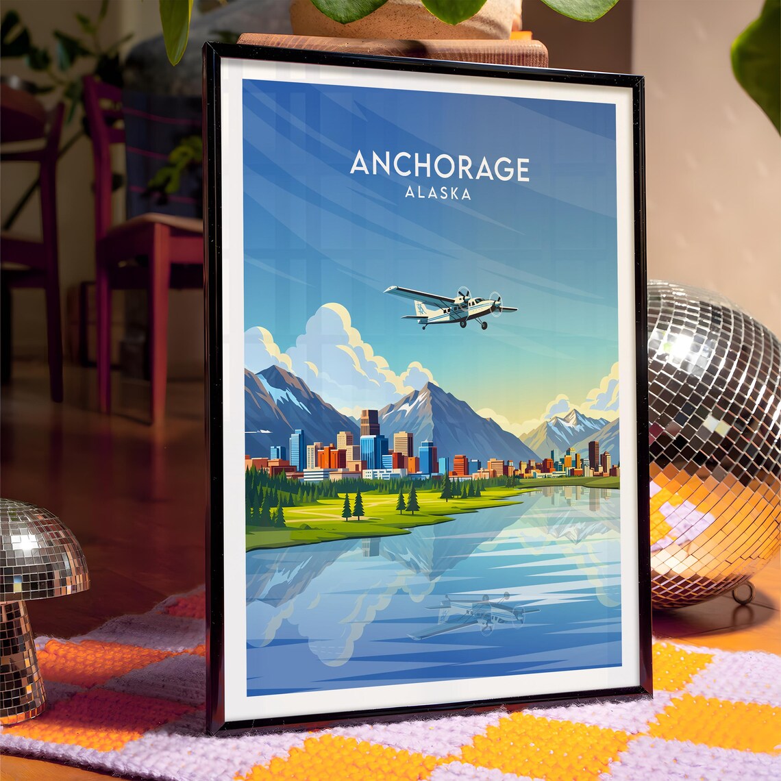 Anchorage Alaska City Skyline Seaplane Flying Over Lake Reflection Poster - Image 4