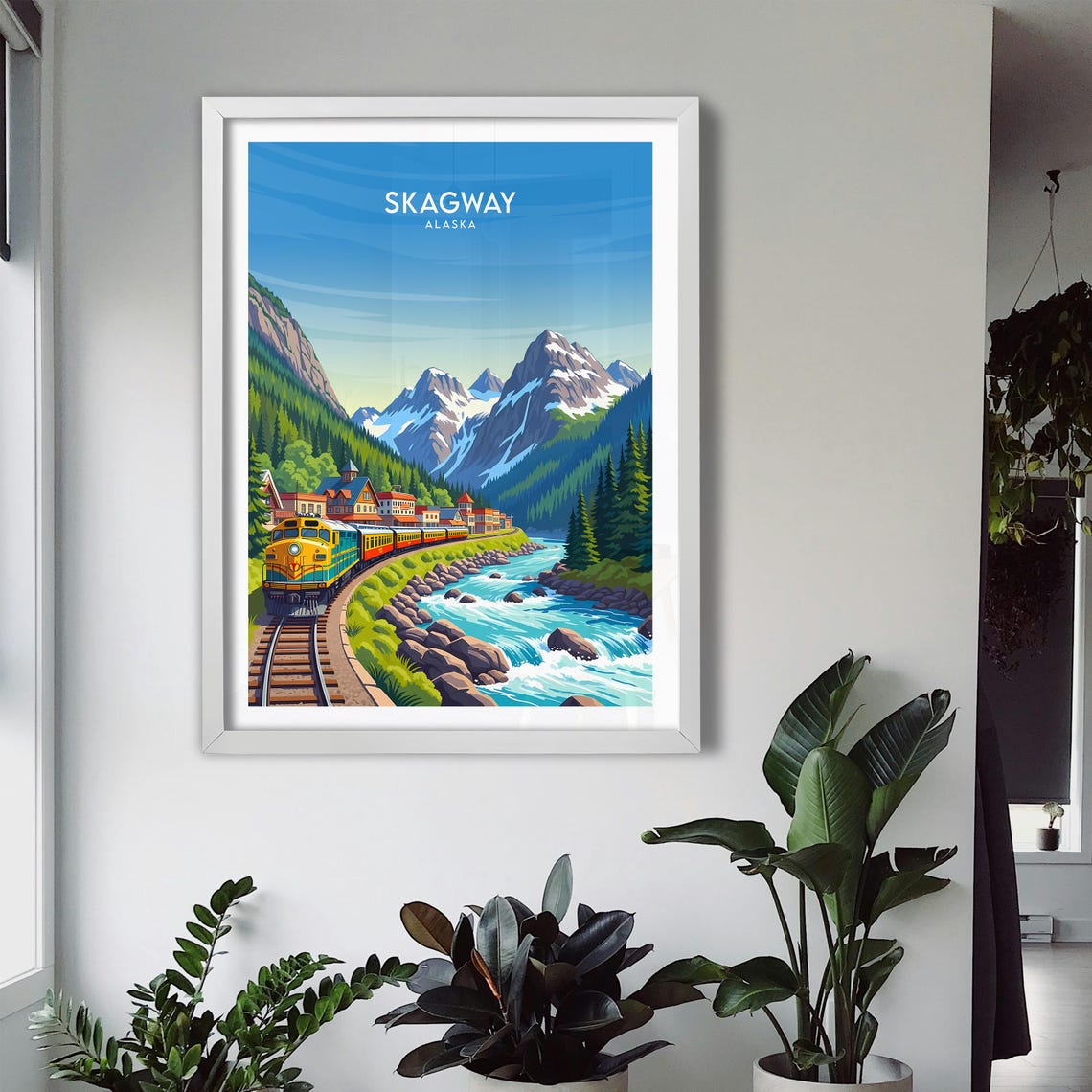Skagway Alaska Railroad Engine Passing Colorful Downtown River Poster - Image 3