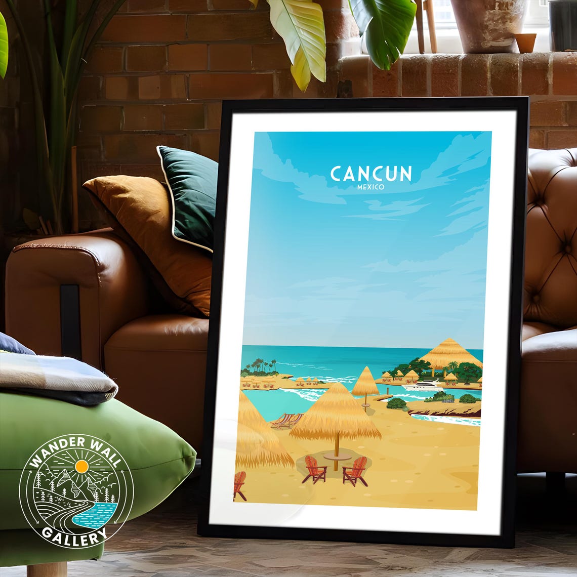 Cancun Mexico Palapas Beach Resort Caribbean Sea Vintage Travel Poster - Image 6