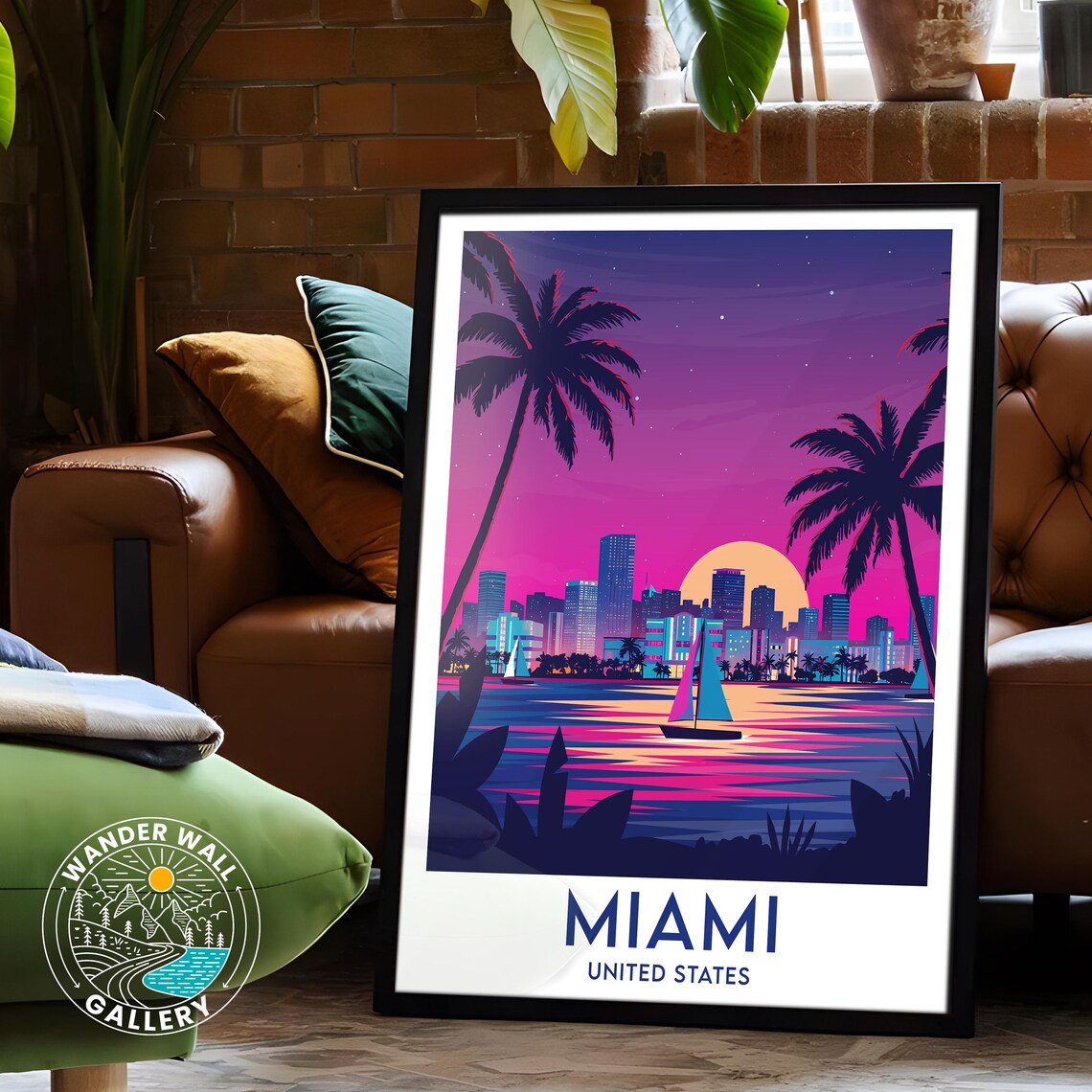 Miami Florida Night Skyline Sailboats Palms Ocean Bay Travel Poster - Image 6