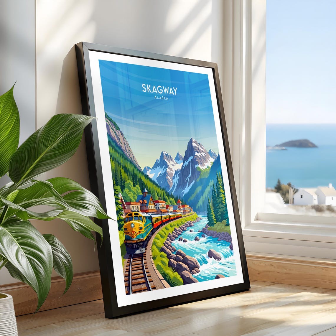 Skagway Alaska Railroad Engine Passing Colorful Downtown River Poster - Image 2