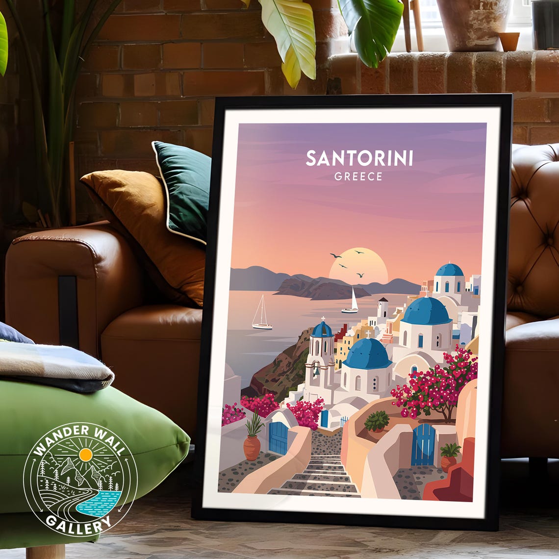 Santorini Greece Blue Domes Bougainvillea Sunset View Poster - Image 6