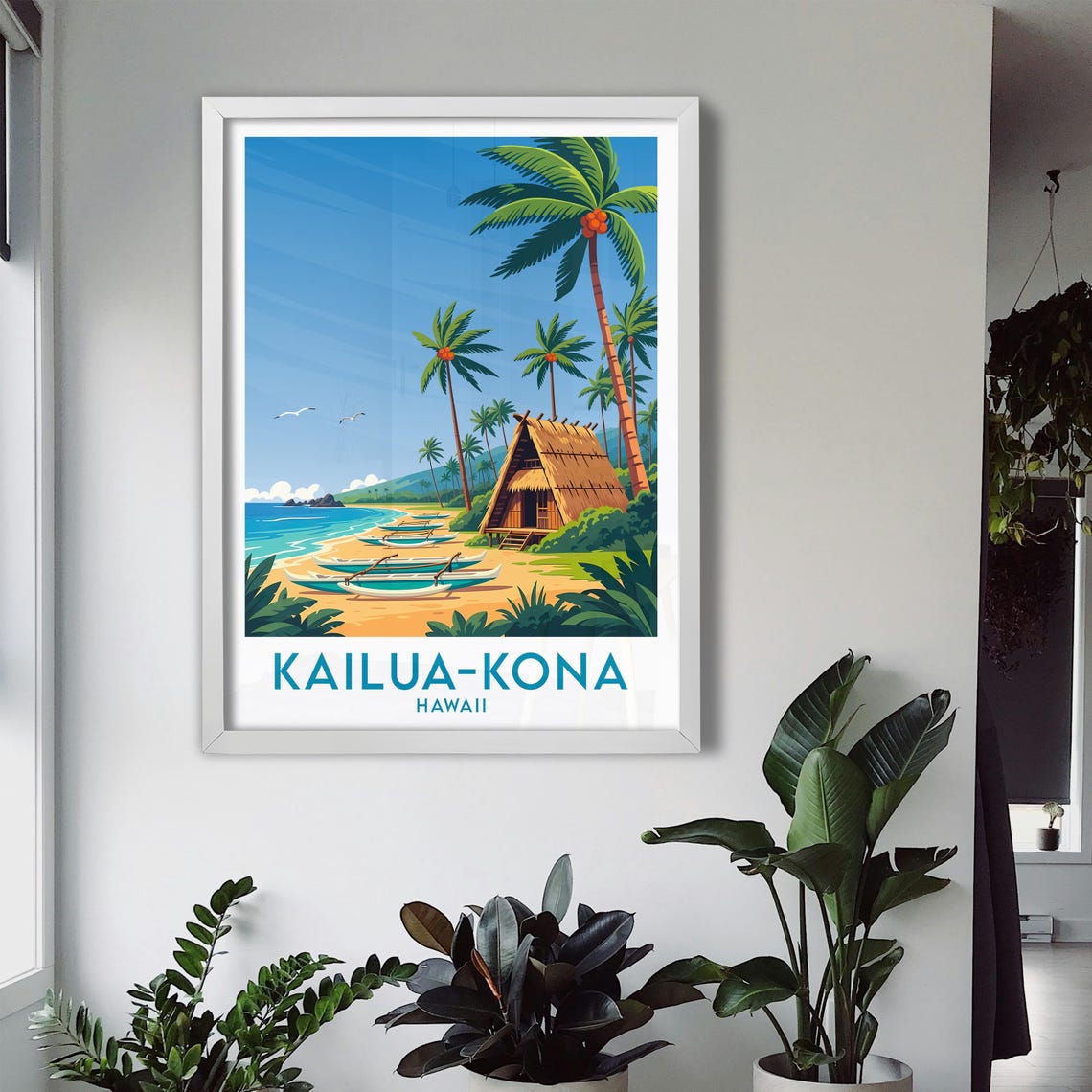 Kailua-Kona Hawaii Coconut Palms Outrigger Canoes Beach Hut Poster - Image 3