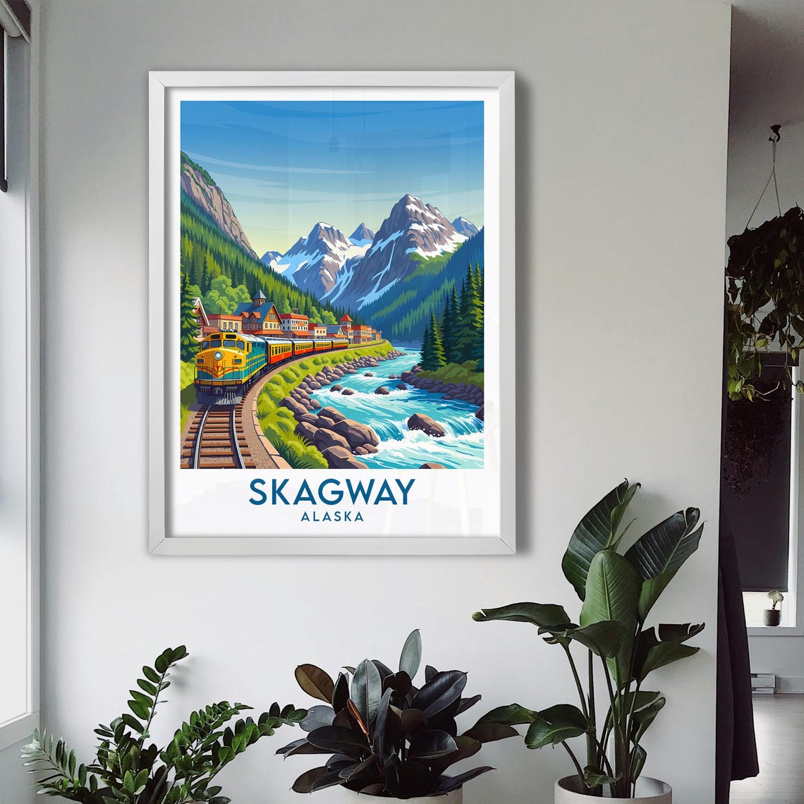 Skagway Alaska Diesel Train by River Waterfront Town Skyline Poster - Image 2