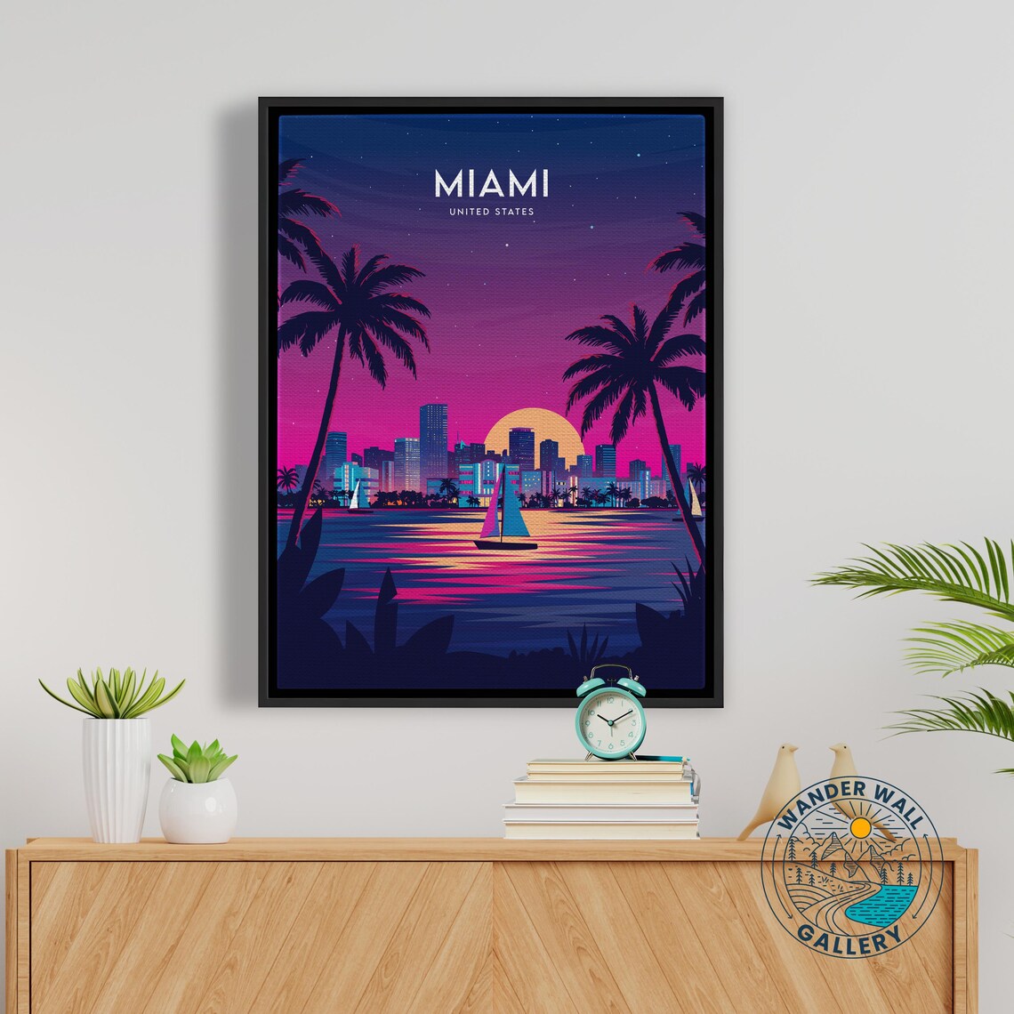 Miami Florida Neon Night Skyline Palm Trees Sailboats Travel Poster - Image 5