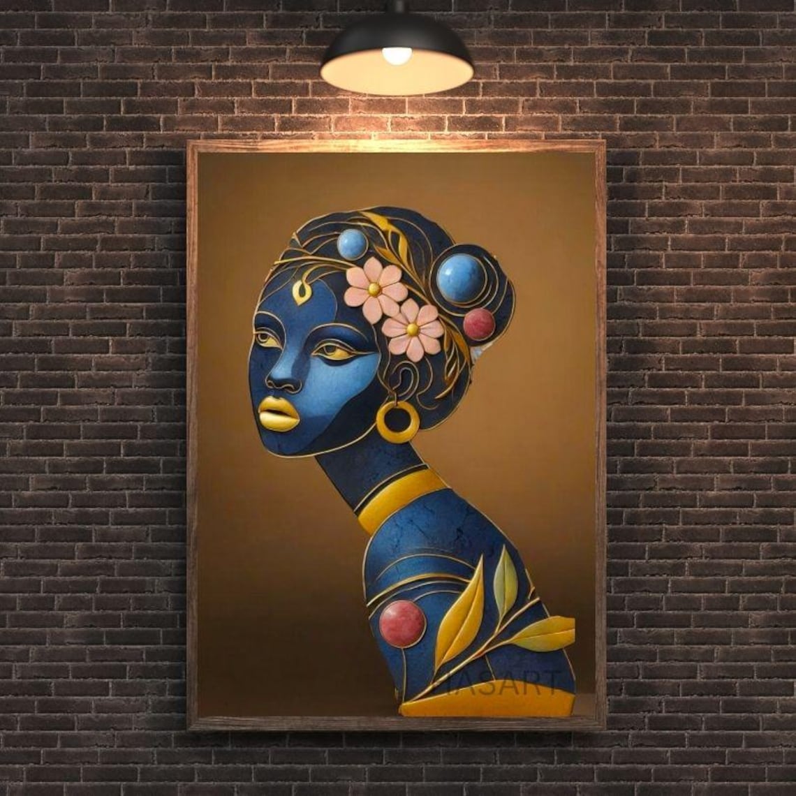 Regal Blue African Woman Portrait with Gold Floral Adornments Poster