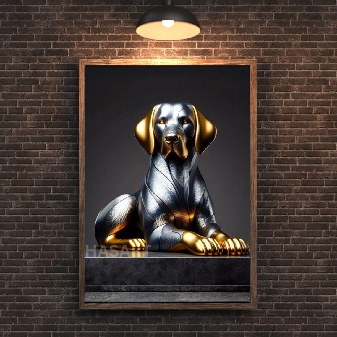 Proud Gold and Silver Standing Bulldog Sculpture Portrait Poster