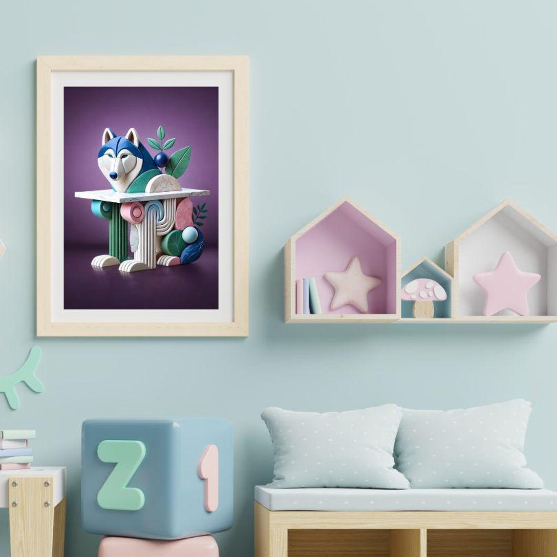 Playful Geometric Husky Peeking Over a Marble Table Art Poster - Image 2