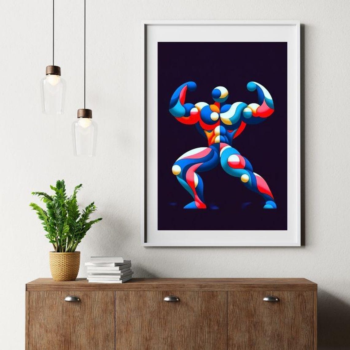 Colorful Abstract Bodybuilder Flexing Double Biceps Art Poster - Image 3