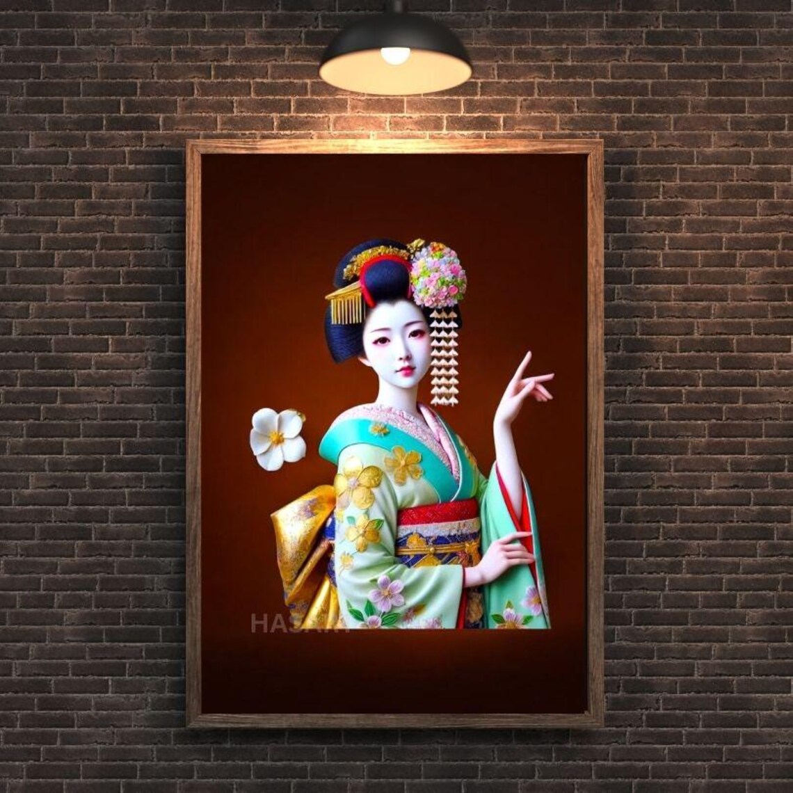 Elegant Japanese Geisha in Floral Kimono Portrait Art Poster