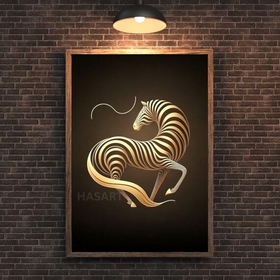 Golden Zebra Galloping in Luminous Line Art on a Dark Field Poster