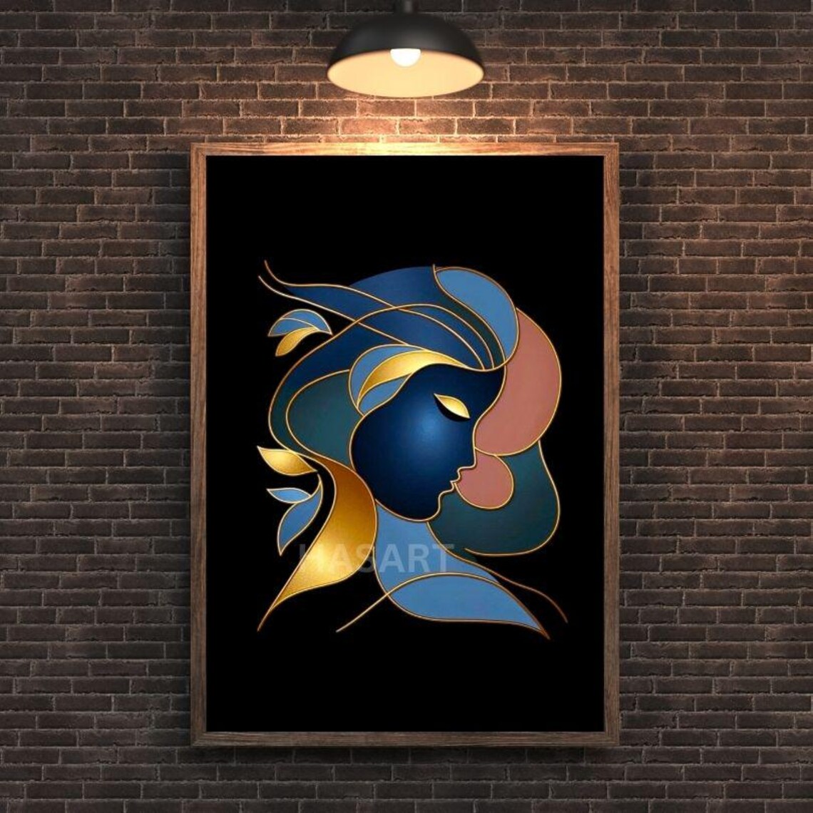 Abstract Woman Face in Blue and Gold Stained Glass Style Poster