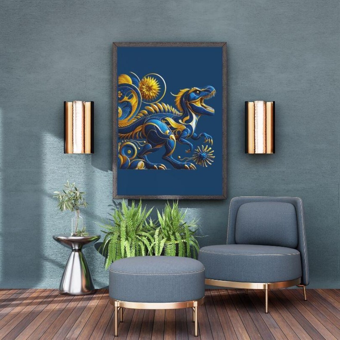 Blue And Gold Ornate T-Rex Dinosaur Modern Decorative Art Poster - Image 2