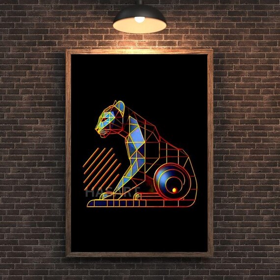 Electric Neon Geometric Leopard Crouching on Black Art Poster
