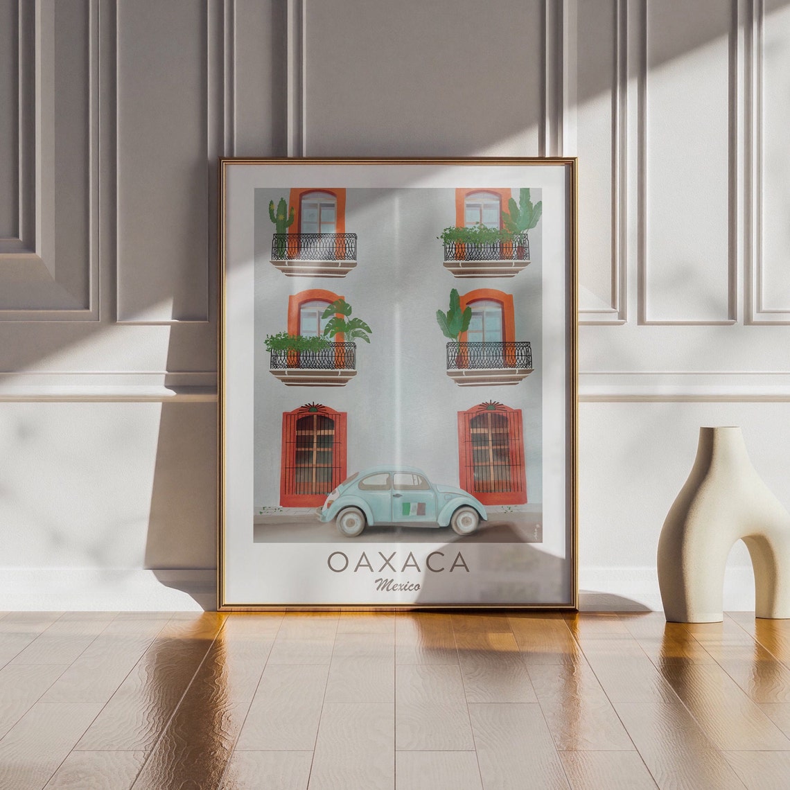 Oaxaca Mexico Light Blue VW Beetle Facade Folk Art Travel Poster - Image 2