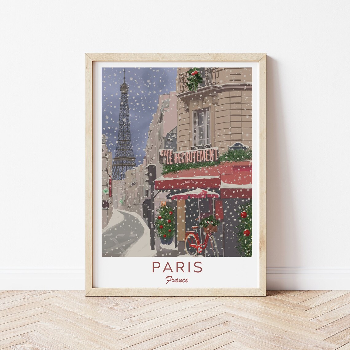 Paris France Christmas Snow Eiffel Tower Cozy Cafe Holiday Poster - Image 4