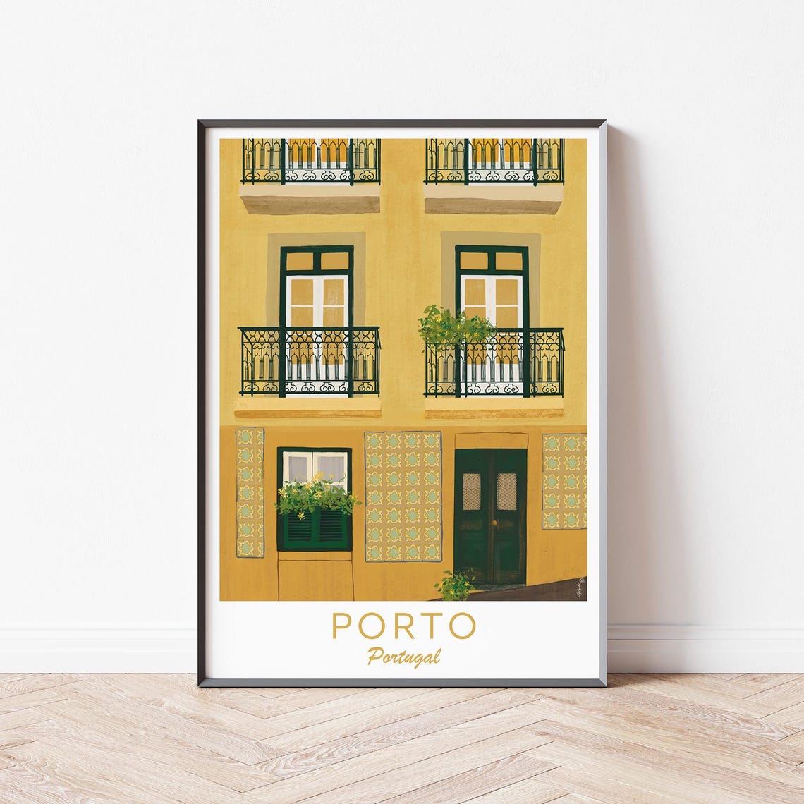 Porto Portugal Mustard Yellow Facade Tiles Iron Balcony Windows Poster - Image 4