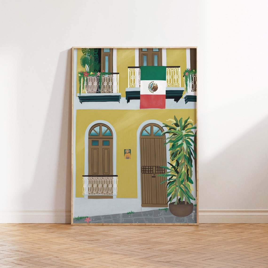 Mexico Colonial Yellow Facade Flag Balcony Wood Doors Plants Poster - Image 3