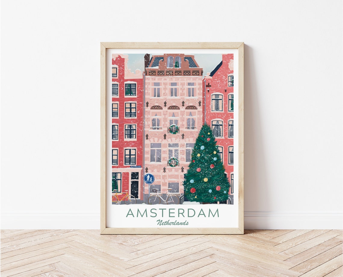 X Mas In Amsterdam City Illustration Christmas Amsterdam Travel Poster Holland Christmas Travel Print Amsterdam Holiday Gift - Image 3