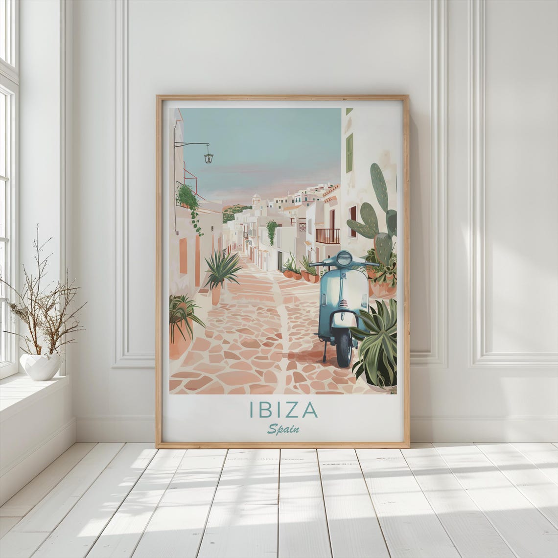 Ibiza Spain Whitewashed Old Town Street Vintage Scooter Poster - Image 3