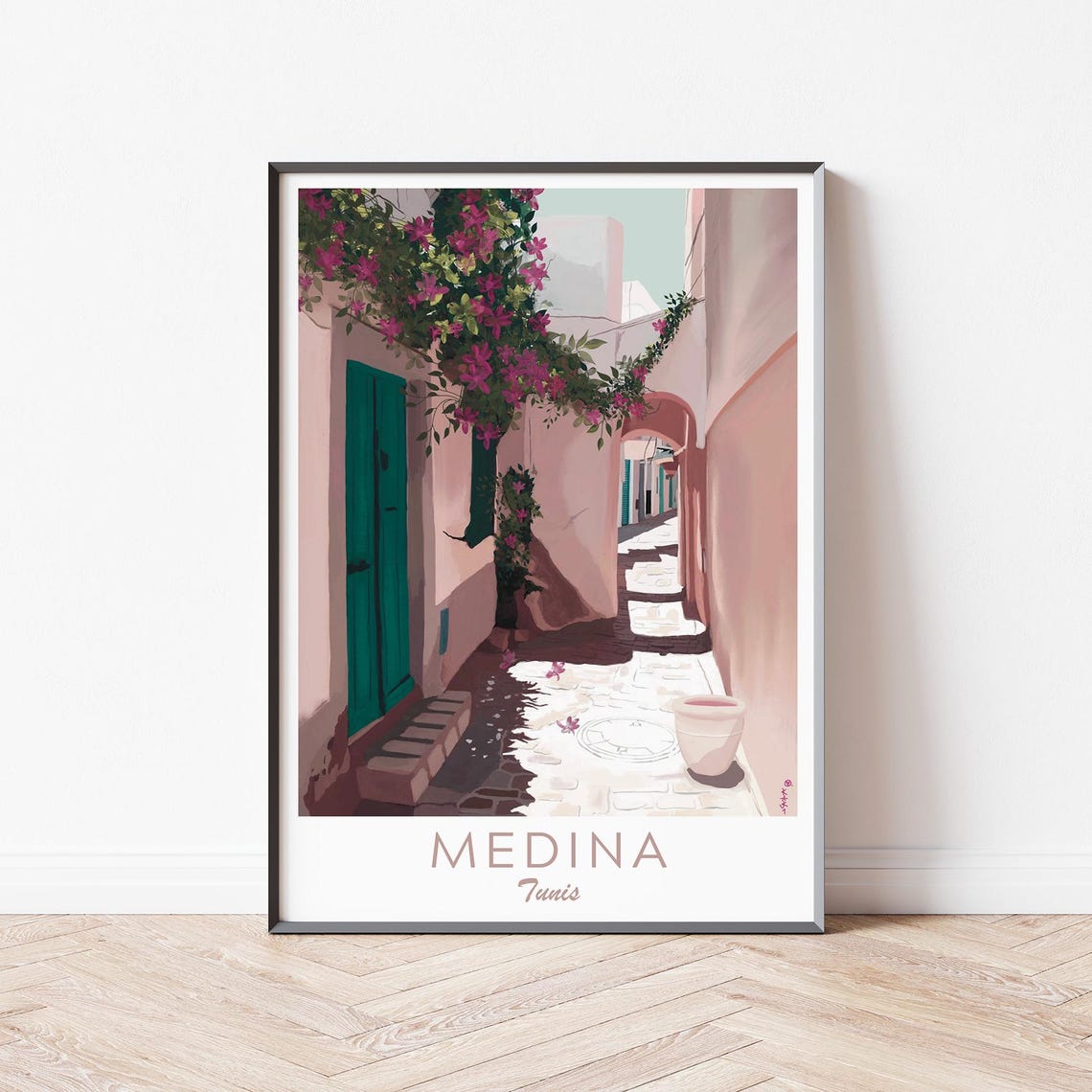 Medina Tunis Bougainvillea Alley Teal Door Whitewashed Walls Poster - Image 3